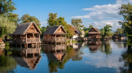 Obraz premium Traditional wooden stilt houses line the edge of a calm body of water under a bright sky