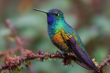 Obraz premium Fierythroated Hummingbird perched on mossy branch in lush rainforest habitat during vibrant morning light
