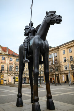 Monumental bronze equestrian statue of Margrave Jost of Luxembourg on Moravske namesti square in Brno, Czech Republic