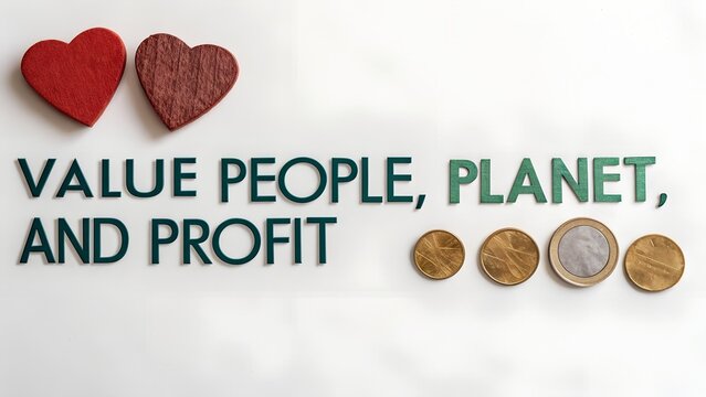 A heart symbol and text advocating for people and profit