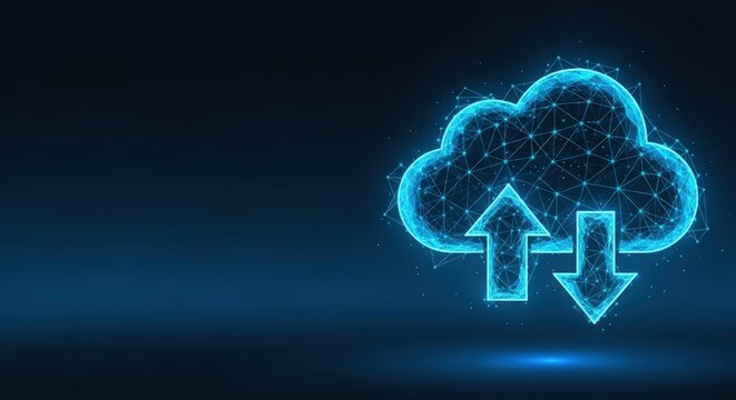 Digital cloud icon with upload arrow on dark background