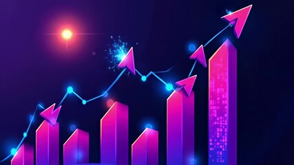 Abstract graphic chart with purple bars and rising arrows on dark background