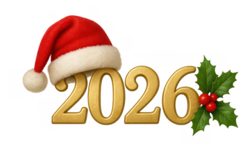 Celebrating new year 2026 with golden numbers, santa claus hat, and festive holly berries on transparent background