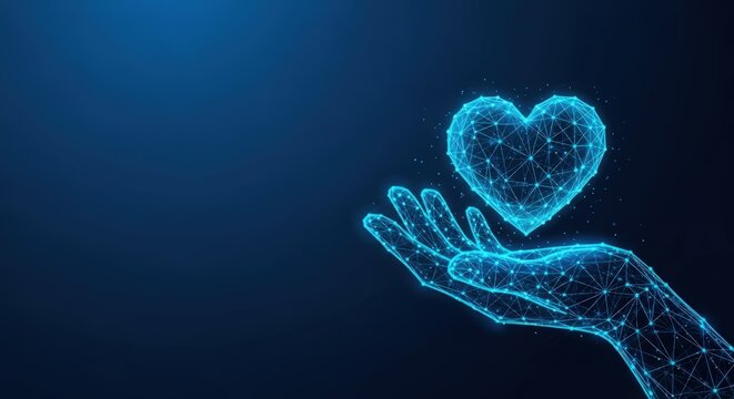Digital hands hold a glowing heart with care