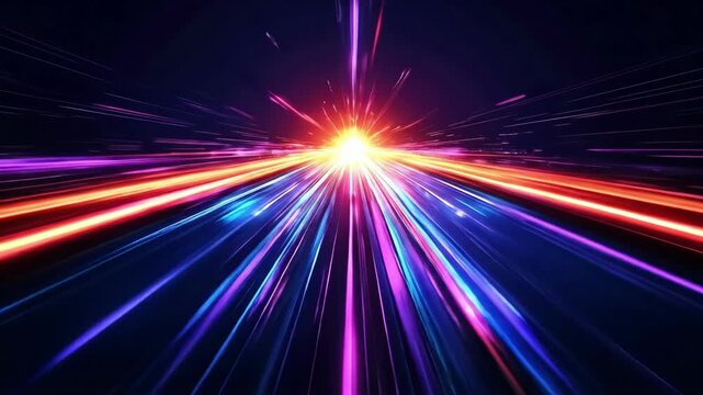 Vibrant neon light streaks in dynamic motion against dark background