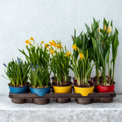 Assortment of spring flowers in colorful pots on a shelf