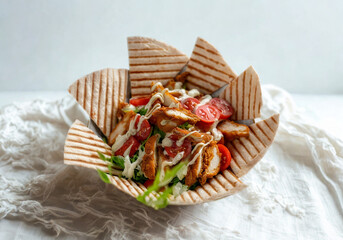 Delicious grilled chicken salad served in a toasted tortilla bowl