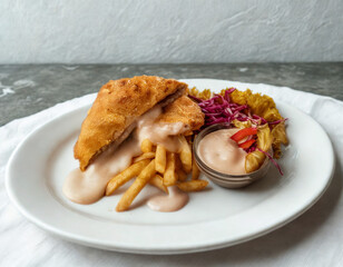 Crispy fried food platter with fries and sauce