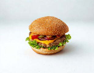Delicious sesame seed bun burger with melted cheese and fresh lettuce