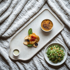 Elegant appetizer platter with gourmet bites and fresh greens