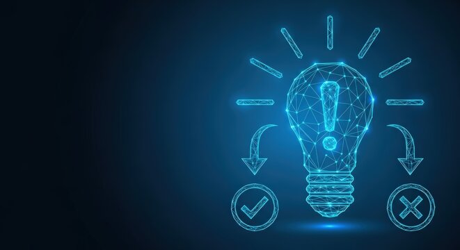 Digital lightbulb with checkmark and arrow symbolizing innovation and solutions