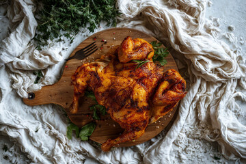 Rustic wooden board with savory baked chicken and herbs