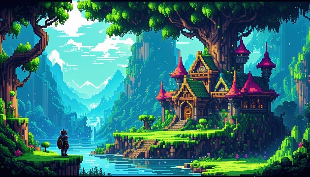 Fototapeta Explore pixel art fantasy world with castle and hero, perfect for game design and vibrant digital art