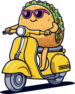 Naklejki Cool Taco Character Riding Scooter — Funny Mexican Food Mascot Vector Illustration