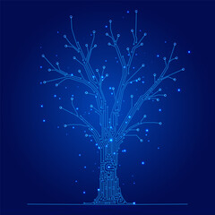 Glowing circuit tree on a dark blue background, blending nature with futuristic digital technology.