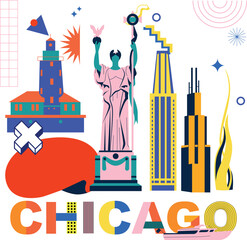 Typography word Chicago branding technology concept Memphis. Collection of flat vector web icons. American culture travel set, architectures, specialties detailed silhouette. Doodle famous landmarks.