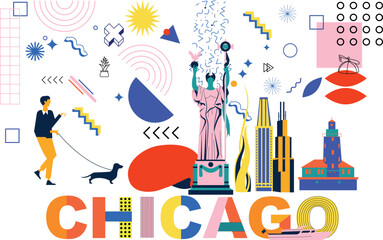 Typography word Chicago branding technology concept Memphis. Collection of flat vector web icons. American culture travel set, architectures, specialties detailed silhouette. Doodle famous landmarks.