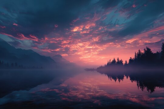 Vibrant sunset over tranquil lake reflecting colorful sky and mountains in serene landscape at dusk with mist rising from water