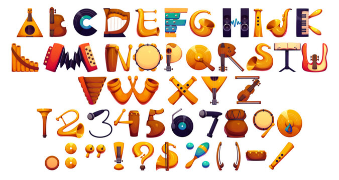 Cartoon musical font of music instruments typeface, entertainment funny type, vector English alphabet. Font of musical instrument letters with guitar, violin or piano and folk music typeface for ABC