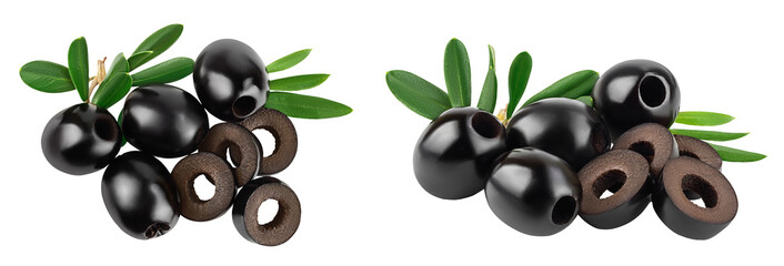 Black olives with leaves isolated on a white background with full depth of field. Top view. Flat lay
