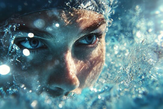 Vektor swimming competition captured during an intense moment underwater showcasing focus and determination in clear blue water - Powered by Adobe
