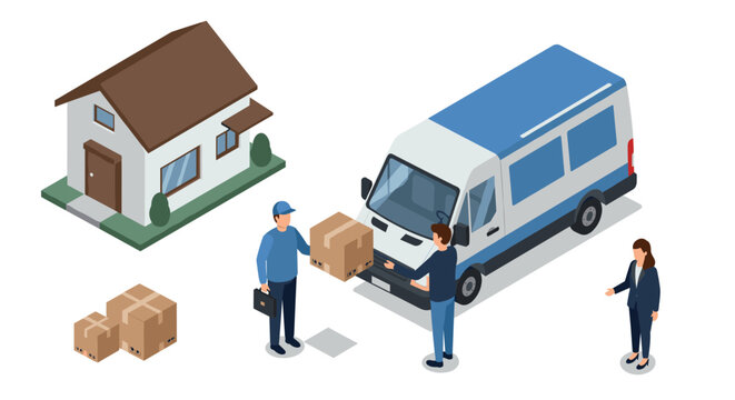 Isometric delivery house, van, and team coordinating parcel dropoff