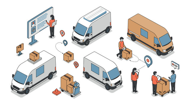 Delivery service process with isometric vans and packages for efficient logistics