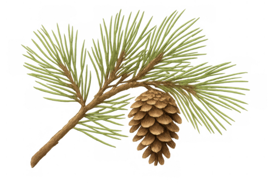 Pine branch with needles and a single pinecone, representing evergreen nature, winter, and forest elements, transparent background
