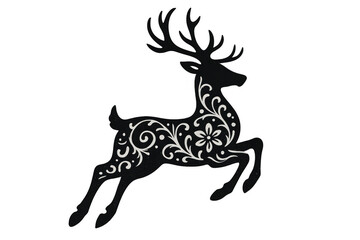 Reindeer silhouette with elegant floral pattern, christmas decoration artwork, transparent background
