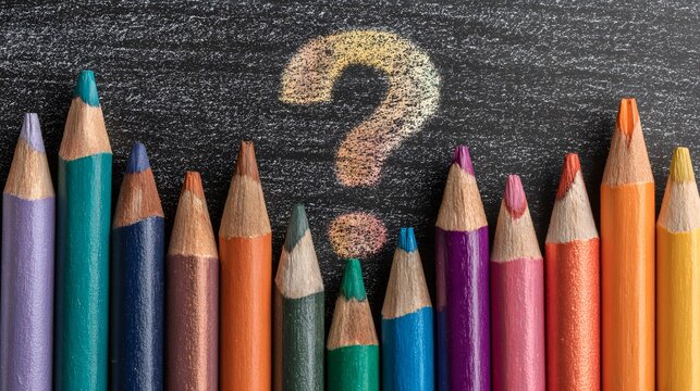 Row of sharpened colored drawing implements resting before a chalk question mark on a dark surface - Powered by Adobe