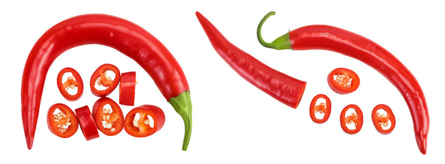 red hot chili pepper with slices isolated on white background. Top view. Flat lay.