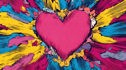 Vibrant comic book style heart symbol explodes outwards with intense colorful energy