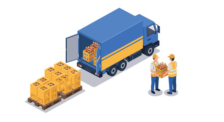 Delivery workers loading beverage crates into truck in isometric style