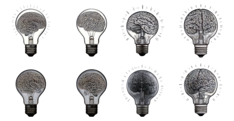 Creative Concept of Light Bulbs Representing Brain Ideas and Thoughts, Isolated on Transparent, white background