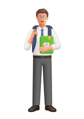 Young smiling businessman or student Ted with backpack holding notebook or book. Study, education, back to school, business and office concept. 3d vector people character. Cartoon minimal style.