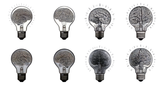 Creative Concept of Light Bulbs Representing Brain Ideas and Thoughts, Isolated on Transparent, white background