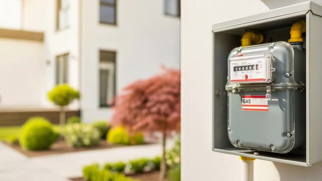 Gas meter installation on exterior wall of modern house with changing counter numbers, home gasification concept footage.