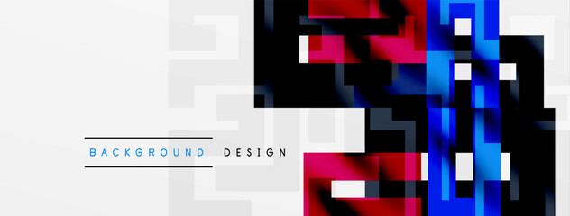 Abstract geometric background. Overlapping squares create dynamic visual effect. Blue, red, gray colors dominate composition. Modern design element.