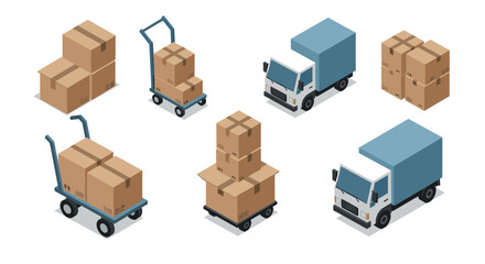 Fototapeta premium Isometric delivery icons with trucks and boxes efficient packaging and transport graphics