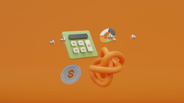 Abstract 3D animation of green calculator with silver dollar coin and geometric elements rotating on an orange background. Financial calculation and currency exchange concept for banking promotions