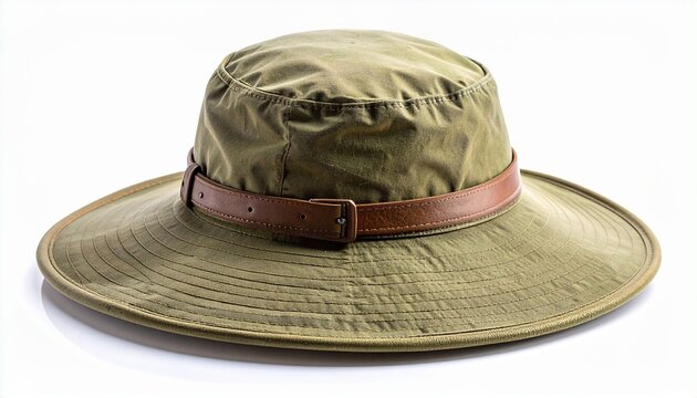 Olive green pith helmet with leather band and buckle for editorial historical photography colonial design and poetic exploration-themed visuals