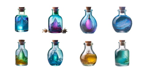 Colorful Glass Bottles with Liquid and Decorations, set collection, mega bundle, isolated on transparent background