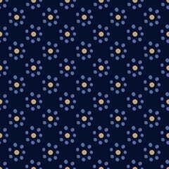 Cute small flowers pattern floral doodle shapes motif continuous classic blue background. Modern decoration ditsy floral fabric design textile swatch women's dress, men's shirt all over print block.
