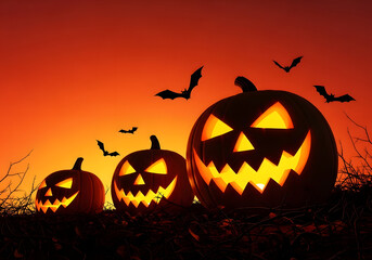 Three Jack-o'-Lanterns and Bats at Sunset for Halloween