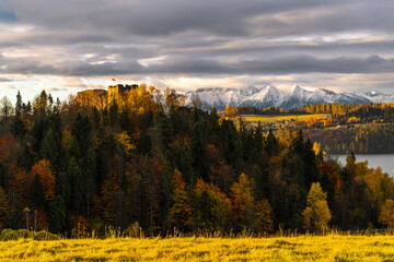Autumn Landscape with Snow-Capped Tatra Mountains, Poland. Sunrise over the mountains. Panorama of Tatra Mountains