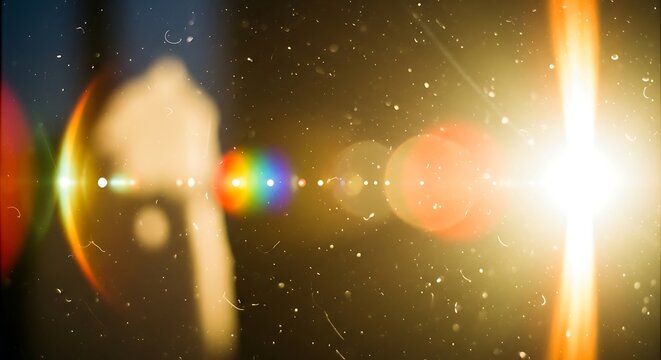 Bright lens flare effect with rainbow colors and dust particles on a dark background creating a cosmic look