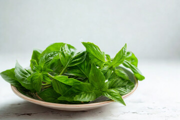 Fresh green basil leaves in a light colored bowl on a textured surface