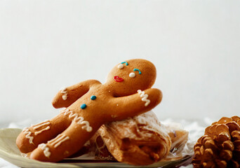Festive gingerbread man hugging a stack of cookies