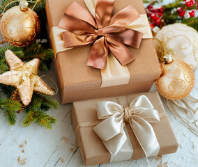 Festive christmas gifts wrapped in kraft paper with satin ribbons and ornaments