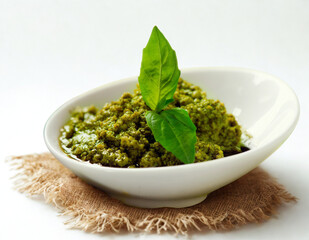 Fresh green pesto sauce in a white bowl garnished with basil